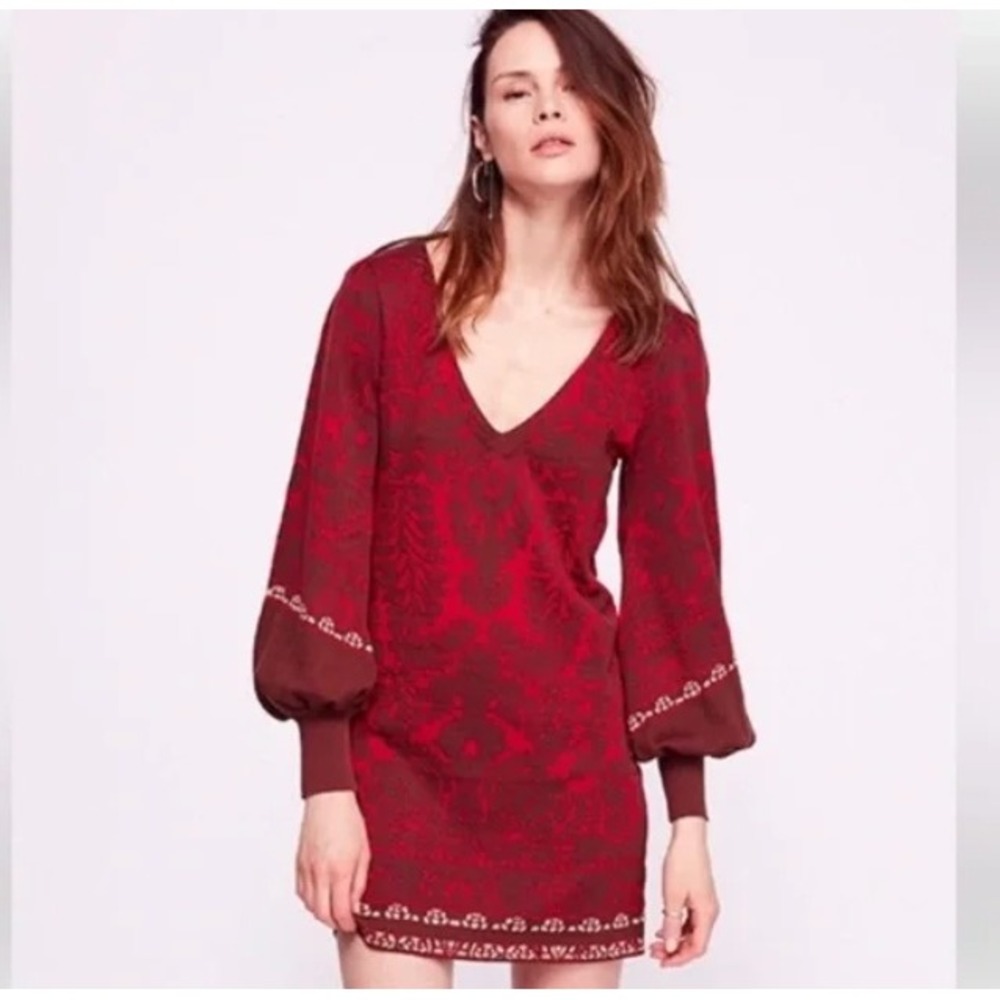 Free‎ People Red Print V Neck Mini Sweater Dress Balloon Sleeve Boho Women Small